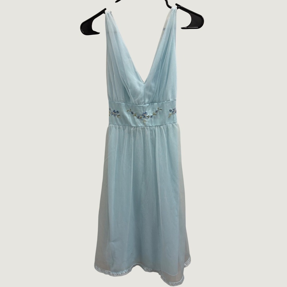 VTG 60s Heiress Light Blue Floral Embroidered Mesh Overlay Nightgown Dress XS